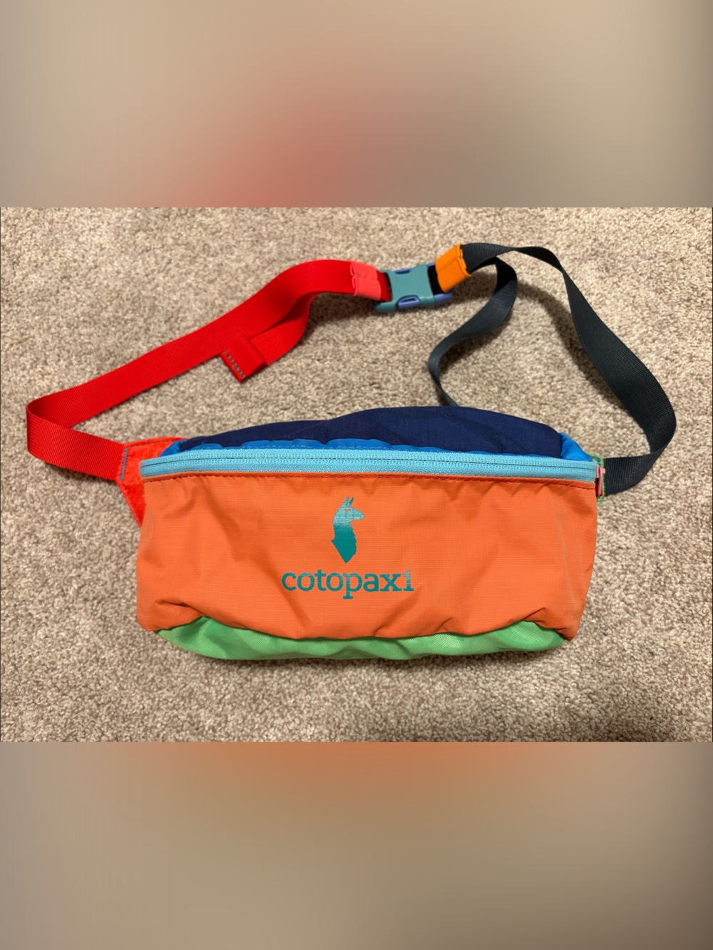cotopaxi Orange, Navy & Lime Colorblock Waist Pack with Red Strap